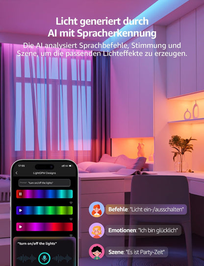 Lepro AI LED Streifen SE1, 10M Smart LED Strip RGB mit App-Sprachbefehle, Musik Sync, Personalisierter KI-Lichtdesigner, kompatibel mit Alexa&Google Assistant, für Party/Zuhause, Keine Fernbedienung