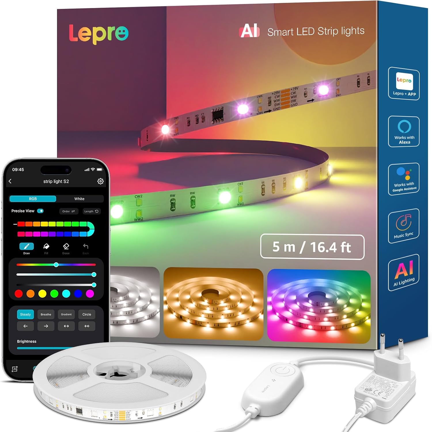 Lepro AI LED Streifen S2, 5M RGBCW LED Strip mit echtem Wei?licht, MagicColor RGBIC, Personalisierter KI-Lichtdesigner, Musik-Sync, Kompatibel mit Alexa & Google Assistant f¨¹r Gaming & Ambiente
