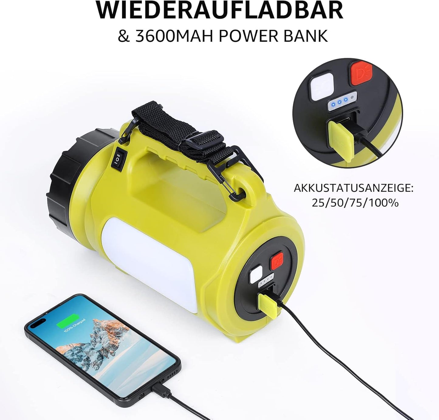 LE LED Handscheinwerfer, Taschenlampe Aufladbar CREE Akku Handlampe & Handstrahler mit Powerbank, 10W 1000 Lumen Campinglampe inkl. 3 Lichtmodi 2 Helligkeitsstufen, USB-Kabel für Notfall Camping usw.
