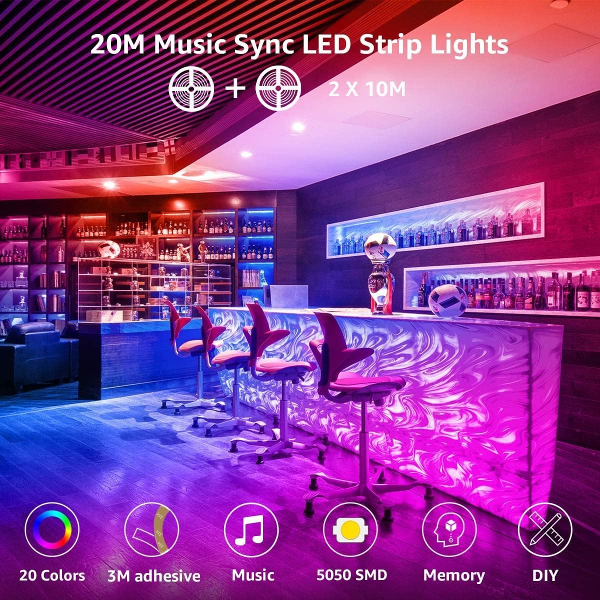 Lepro LED MagicColor Strip 20M(2x10M), 600 LEDs Streifen Lichterkette, Musik Band mit Fernbedienung, Lichtband Wasserdicht IP65 für Weihnachten