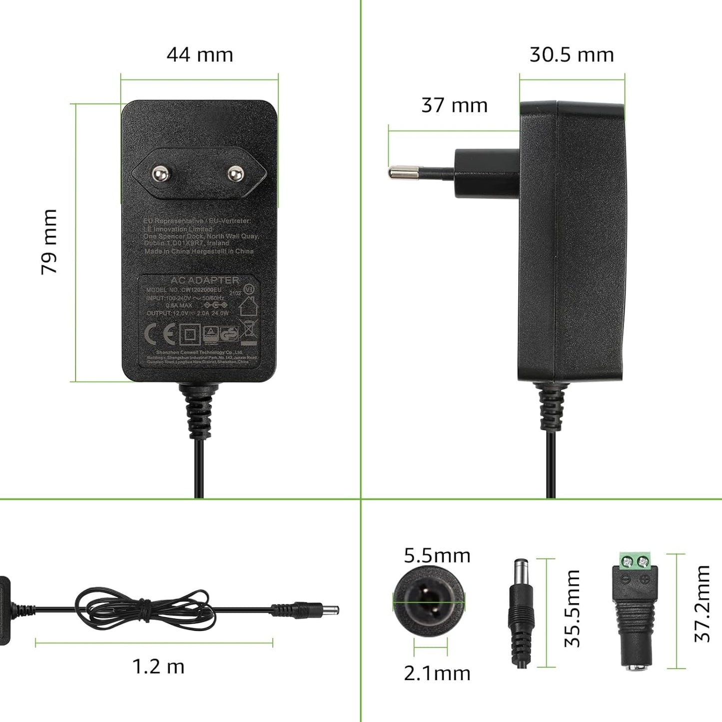 LE LED Trafo 12V Netzteil DC, LED Strip EU Stecker 12 Volt 2A Adapter Power Supply für SMD 3528/5050 LED Streifen, AC 100-240 Netzadapter, 24W Maximal Steckernetzteil, Transformator Strom für Band