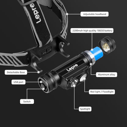 Lepro Kopflampe Stirnlampe Aufladbar, IP65 Superhell 1000 Lumen Abnehmbarer Led Stirnlampe, Kopfleuchte mit Rotlicht, 6 Beleuchtungsmodi für Camping, Sport, Angeln, Handwerk [inkl. USB C-Kabel]