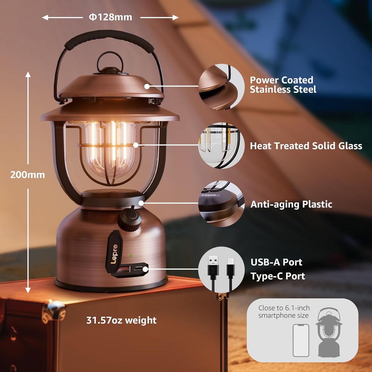 Campinglampe Aufladbar, Lepro Retro Camping lampe 1000 Lumen Dimmbar, 2500K Warmweiß und 5000K Kaltweiß, für Camping und Picknick, Innenbeleuchtung, Dekorative Beleuchtung, Notfälle usw.