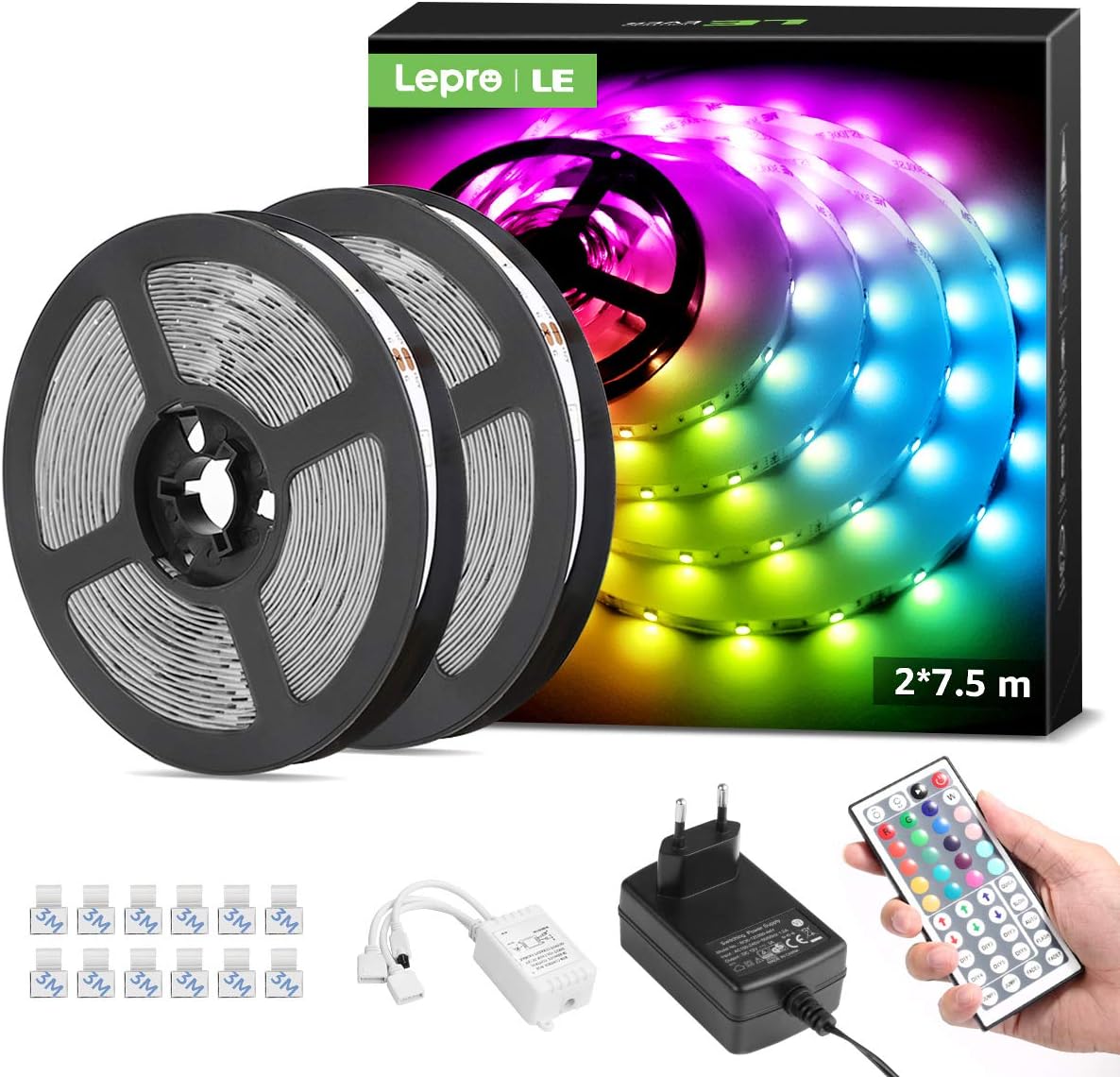 LE LED Strip 15M, LED Streifen, RGB Band, 5050 SMD 450 LEDs Stripes(2x7.5M), 12V, Selbstklebend Lichtband mit 44 Tasten Fernbedienung, Flexibel LED Leiste, LED Lichterkette für Weihnachten, Bar,TV