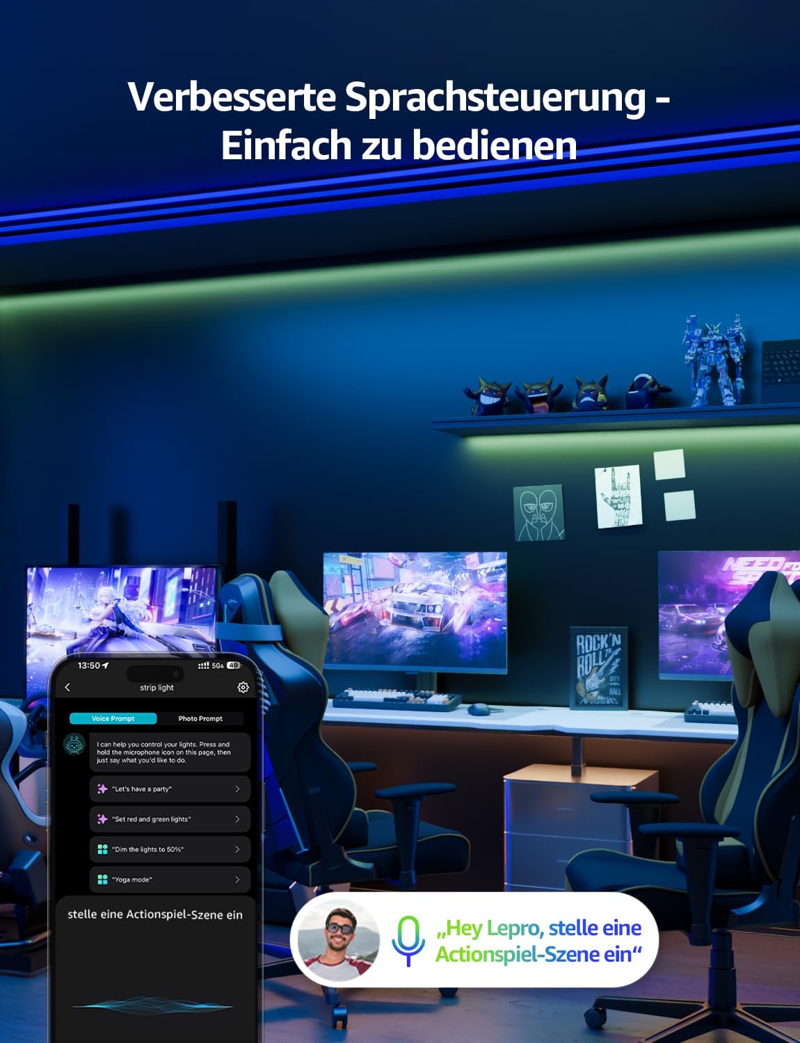 Lepro AI LED Streifen SE1, 15M Smart LED Strip RGB mit App-Sprachbefehle, Musik Sync, Personalisierter KI-Lichtdesigner, kompatibel mit Alexa&Google Assistant, für Party/Zuhause, Keine Fernbedienung
