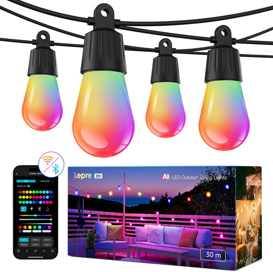 Lepro ZB1 AI LED Lichterkette Außen 30m, RGB+Warmweiß Smarte LED S14 WLAN Glühbirnen,App-Steuerung,Funktioniert mit Alexa&Google,IP65,Personalisierter KI-Lichtdesigner,ohne Fernbedienung, 30 LEDs