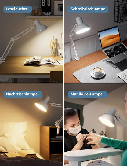 Lepro Schreibtischlampe Retro, Klemmbare Tischlampe E27, LED Büro Leselampe Nachttischlampe Verstellbare, Gelenk-Arm, schwenkbar, Tageslichtlampe Schreibtisch leuchte, HxBxT: 38 x 15 x 27cm, Weiß