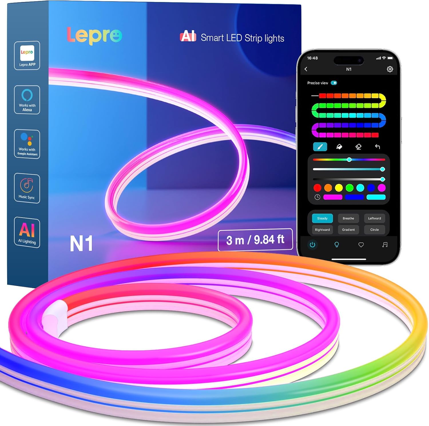 Lepro Neon AI LED Strip 3m, RGB LED Streifen mit App-, Musik- und Sprachsteuerung, kompatibel mit Alexa & Google Assistant, für Wohnzimmer, Gaming, Party, Wanddeko, Personalisierter KI-Lichtdesigner