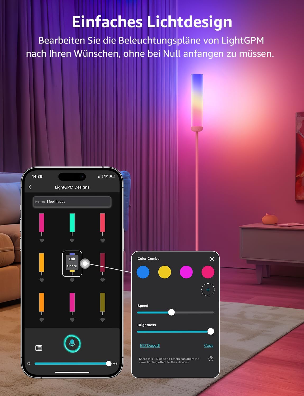 Lepro O1 AI Smart Stehlampe Wohnzimmer 2300LM, Stehlampe Dimmbar 22W RGBCCT, Sprachsteuerung/Musik Sync/DIY, Personalisierter KI-Lichtdesigner, Kompatibel mit Alexa/Google, WiFi & Bluetooth