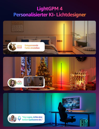 Lepro AI Smart Stehlampe Wohnzimmer OE1, Stehlampe Dimmbar, Sprachsteuerung/Musik Sync/DIY, Personalisierter KI-Lichtdesigner, Kompatibel mit Alexa/Google, 16 Millionen Farben