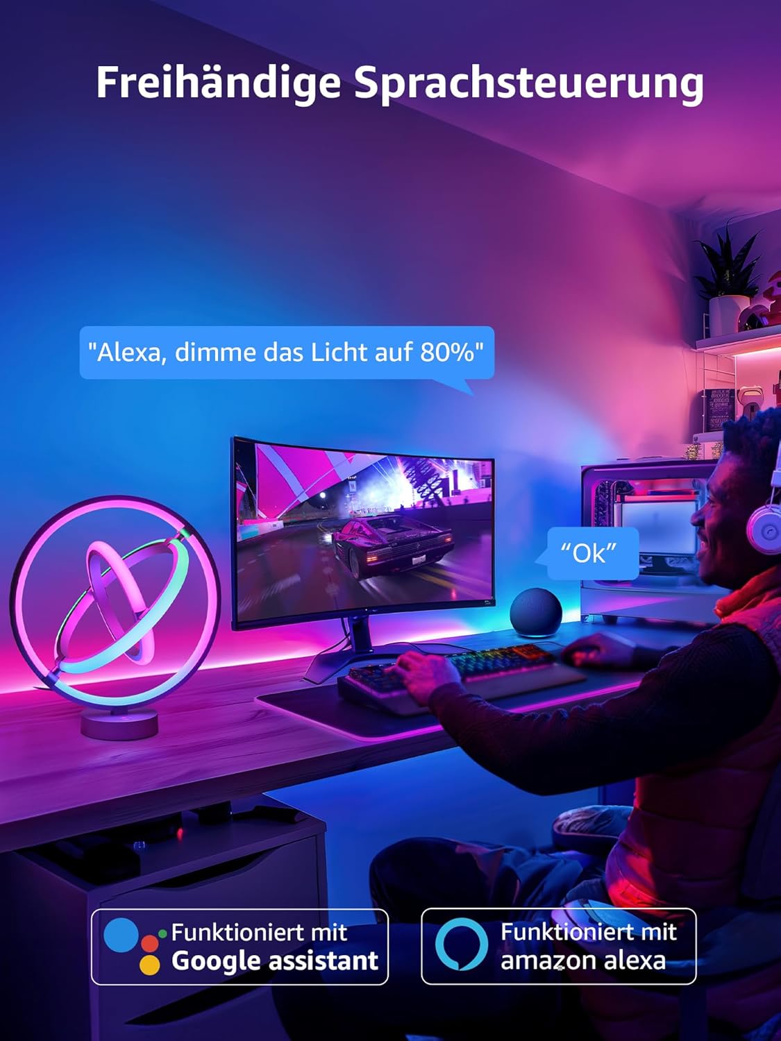 Lepro AI Smart Tischlampe TB1, Personalisierter KI-Lichtdesigner, Musik Sync/APP Sprachsteuerung Tischleuchte, Table Lampe Dimmbar, RGB+IC-Technologie, Kompatibel mit Alexa/Google, Keine Fernbedienung