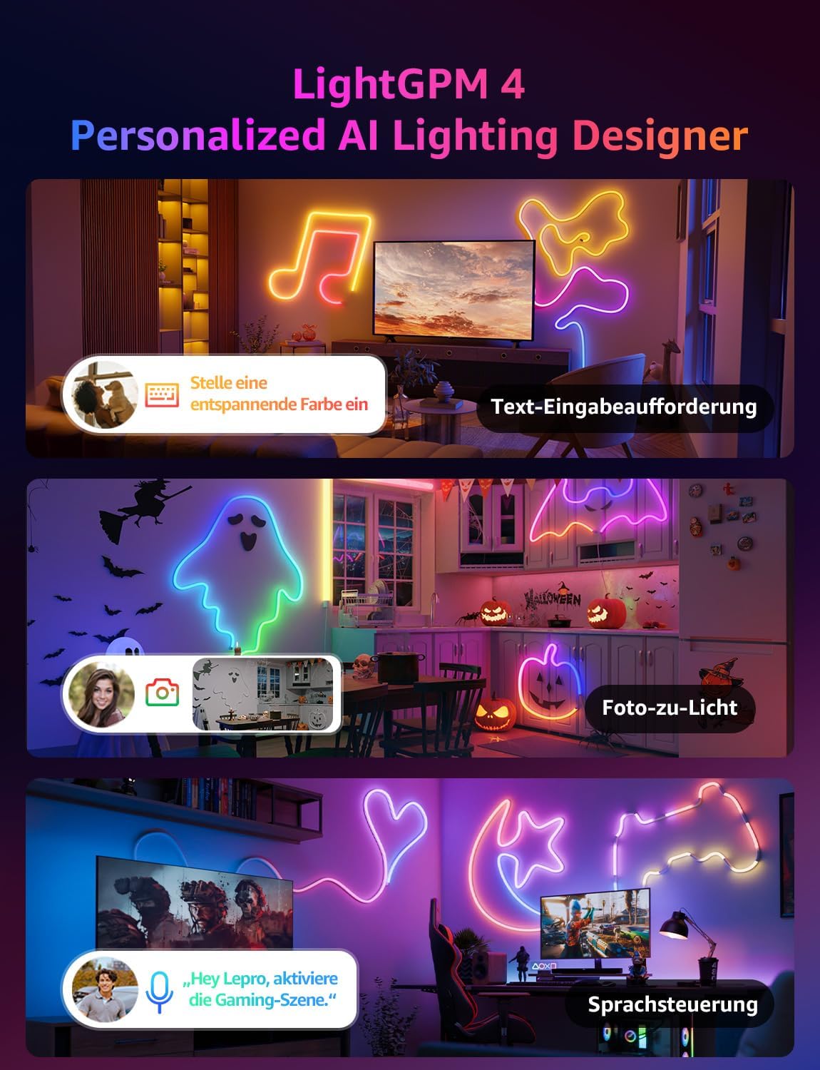 Lepro Neon AI LED Strip 10m, RGB LED Streifen mit App-, Musik- und Sprachsteuerung, kompatibel mit Alexa & Google Assistant, für Wohnzimmer, Gaming, Party,Wanddeko, Personalisierter KI-Lichtdesigner
