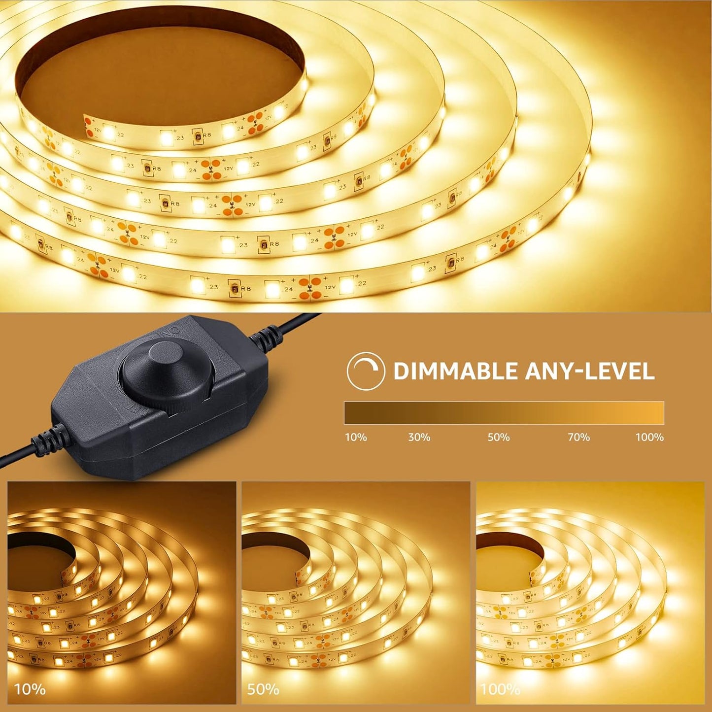 Lepro LED Strip 5M, Warmweiß 3000K Dimmbar, 300 LEDs, 12V Selbstklebend, IP20 Band, Flexible DIY Leiste, Lichtband Kette Mit Netzteil für Innen Küche Dekoration