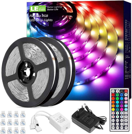 Lepro LED Strip 10M(2x5M) RGB Set, 5050 SMD 300 LEDs Streifen, 12V, LED Band Selbstklebend, Flexibel LED Lichtband, LED Lichterkette IP20, LED Leiste Kette Dimmbar, Netzteil und Controller enthalten