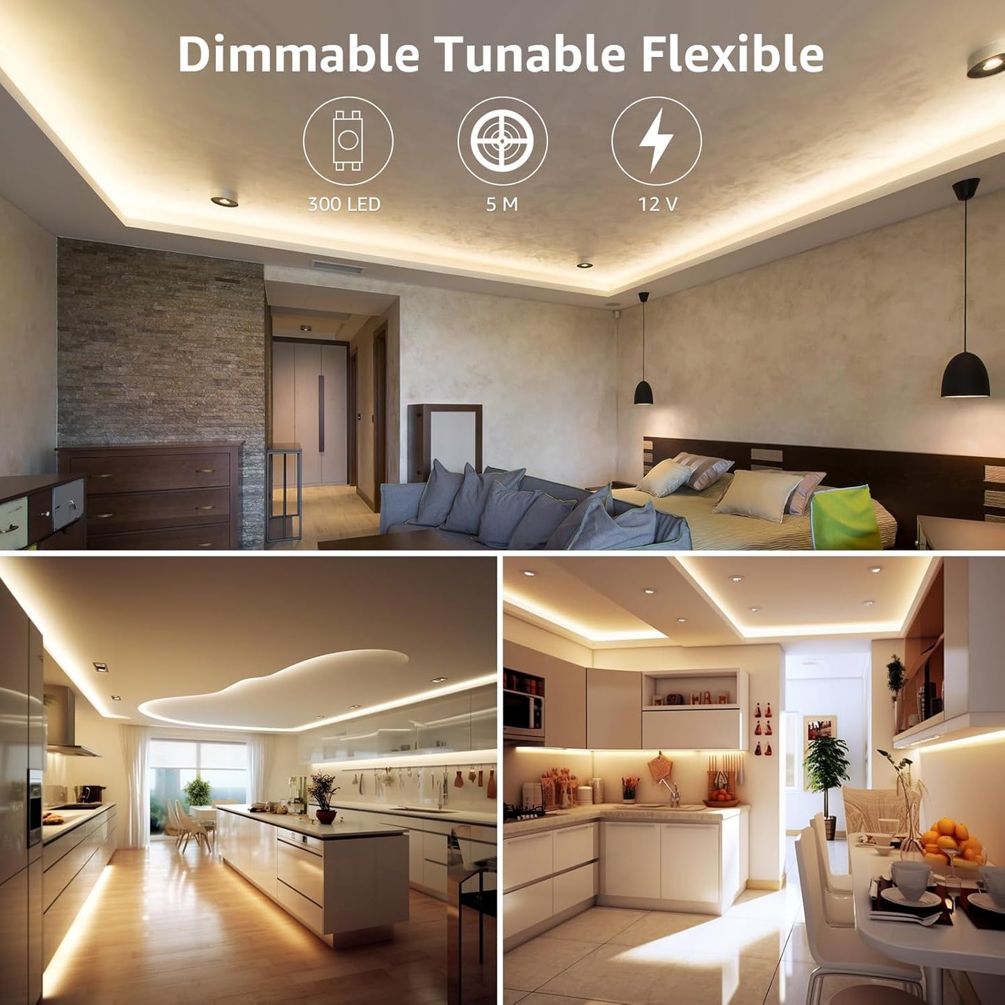Lepro LED Strip 5M Set Dimmbar,Warmweiß bis Kaltweiß LED Streifen 12V Selbstklebend, Flexibel DIY LED Band, IP20 LED Leiste, 300 LEDs SMD 2835, LED Lichtband für Innen Küche Zimmer Deko