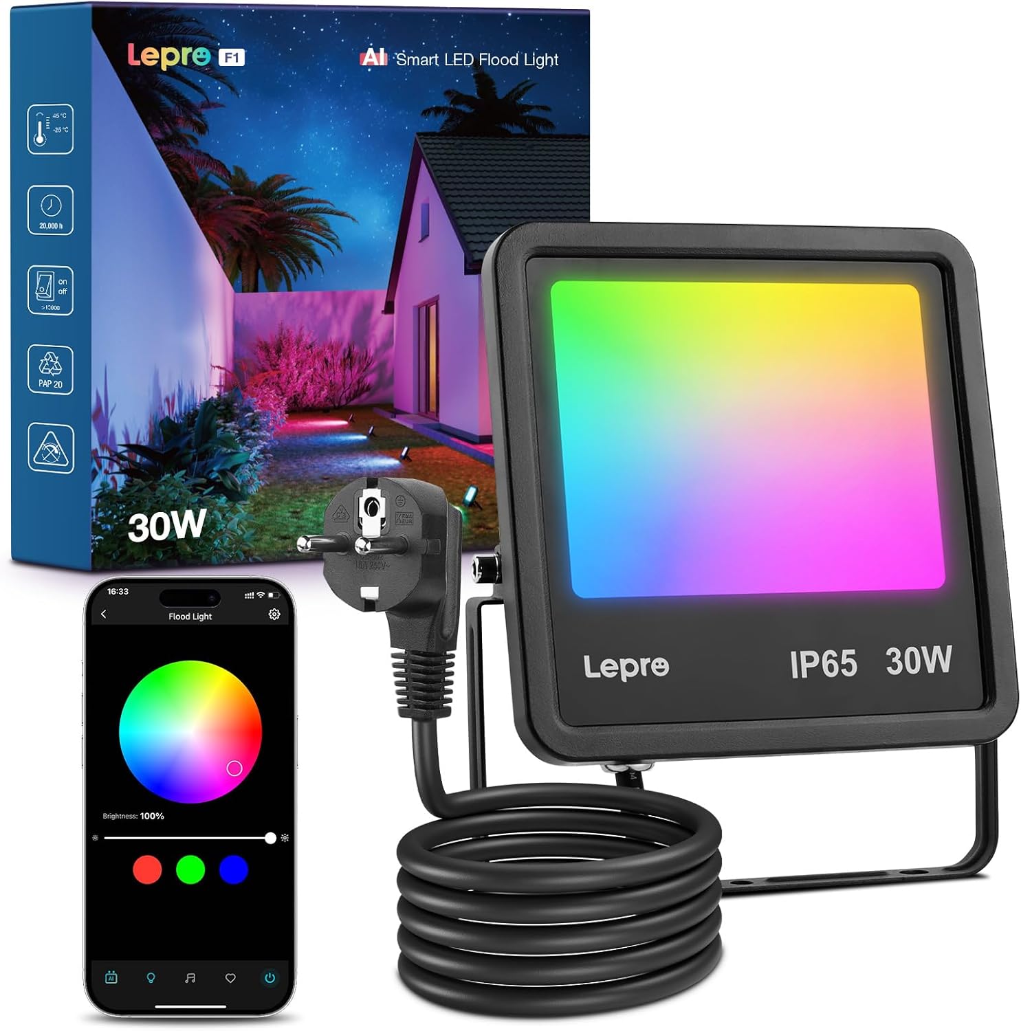 Lepro AI Smart 50W Led Strahler Außen F1, RGB Dimmbar Außenstrahler, Personalisierter KI-Lichtdesigner, Musik Sync/APP Sprachsteuerung, IP65 Wasserdicht Fluter für Garten, Kompatibel mit Alexa/Google