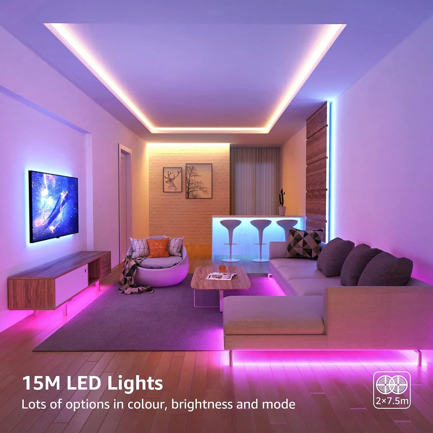 LE 5M RGB LED Strip Set, 5050 SMD LED Streifen, 12V, Selbstklebend LED Strips, Flexibel LED Band, LED Leiste, LED Lichtband IP20, Netzteil und Controller enthalten