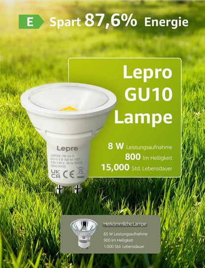 Lepro GU10 LED Kaltwei? 8W Lampe, 800 lm, 6500K Tageslichtwei?, 100¡ã Abstrahlwinkel, Nicht dimmbar, Energiesparendes GU10 LED Leuchtmittel f¨¹r B¨¹ro, Keller, Garage, Flur, Arbeitszimmer, 5 St¨¹ck