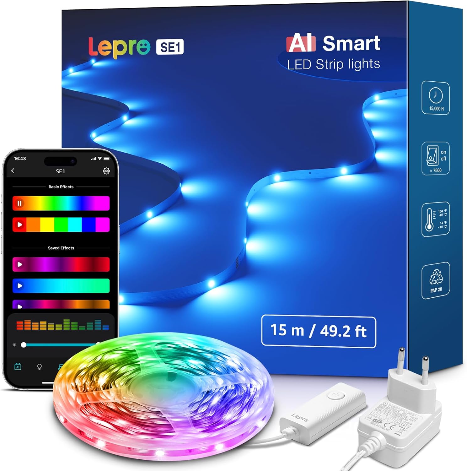 Lepro AI LED Streifen SE1, 15M Smart LED Strip RGB mit App-Sprachbefehle, Musik Sync, Personalisierter KI-Lichtdesigner, kompatibel mit Alexa&Google Assistant, für Party/Zuhause, Keine Fernbedienung