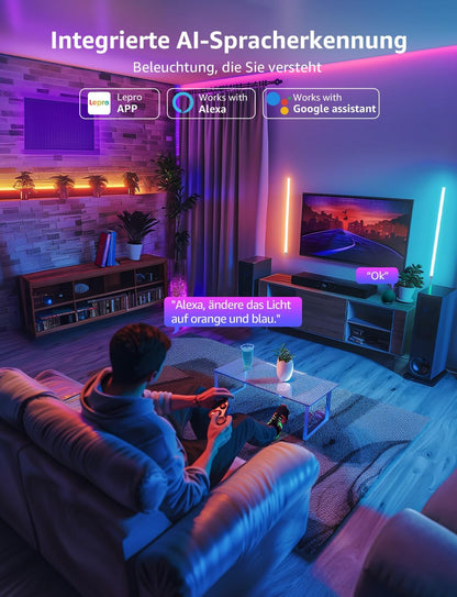 Lepro AI Glide Wall Light WL1, Wandleuchte mit Eingebautes Spracherkennung, Musik Sync, unterstützt Alexa & Google Assistant, KI-Lichtdesign-Assistent für Gaming Party Wand Deko, 6 Stück und 2 Ecke