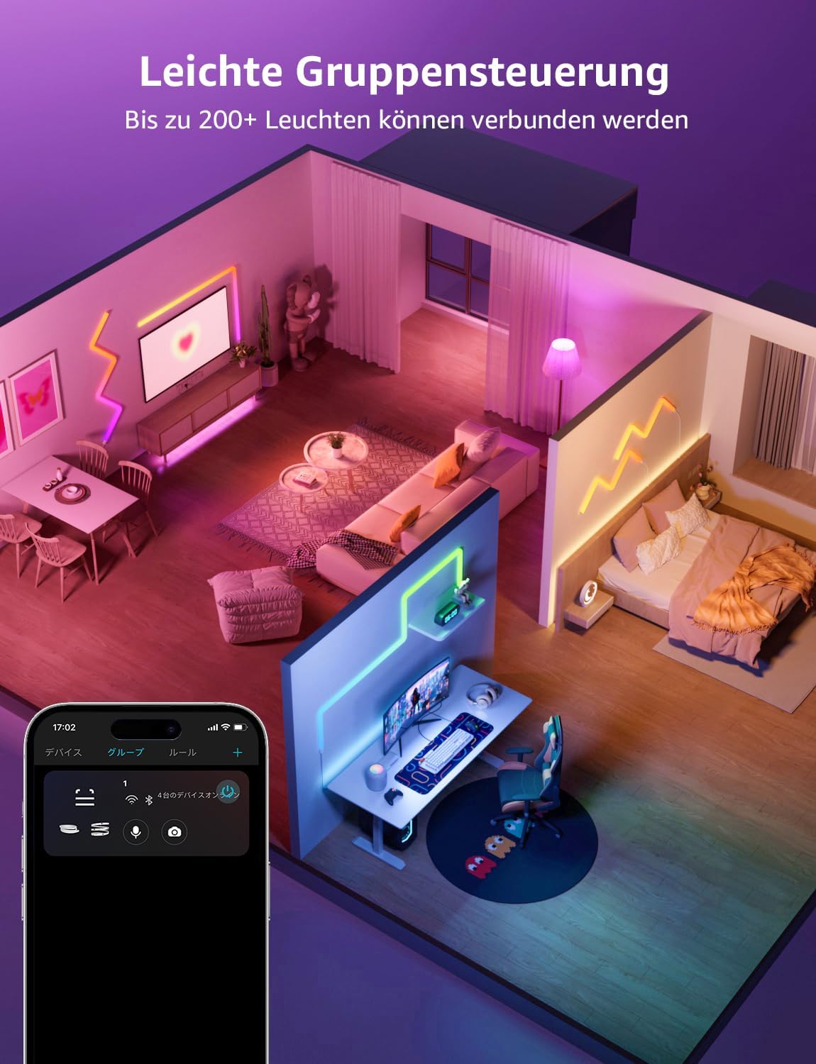 Lepro AI Glide Wall Light WL1, Wandleuchte mit Eingebautes Spracherkennung, Musik Sync, unterstützt Alexa & Google Assistant, KI-Lichtdesign-Assistent für Gaming Party Wand Deko, 6 Stück und 2 Ecke