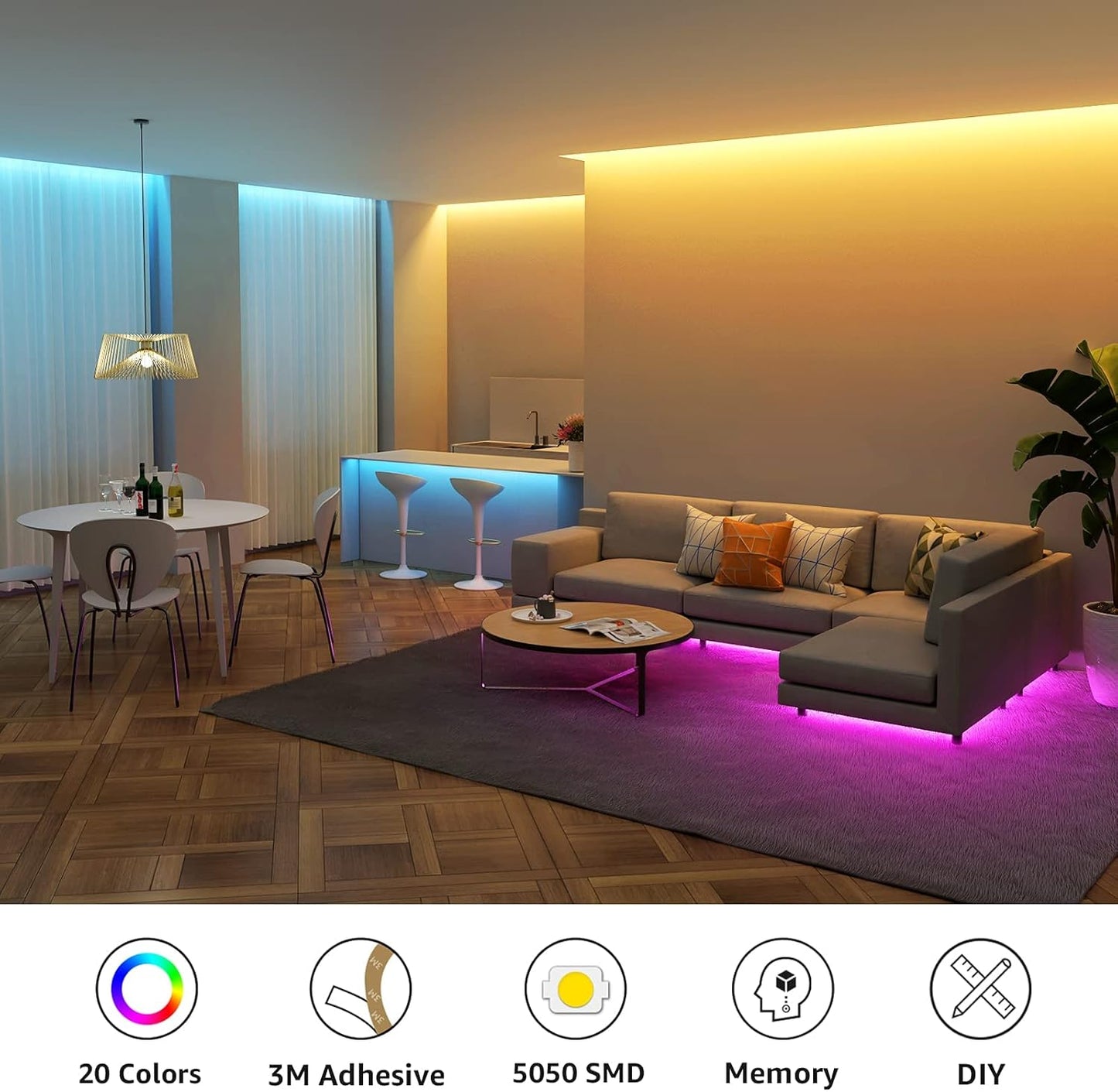 LE LED Strip 20M(2x10M), RGB LED Streifen Band, 5050 SMD 600 LEDs Stripes, 12V, Selbstklebend Lichtband mit 44 Tasten Fernbedienung, Flexibel LED Leiste, LED Lichterkette IP20 f¨¹r Haus,Party,Bar,TV