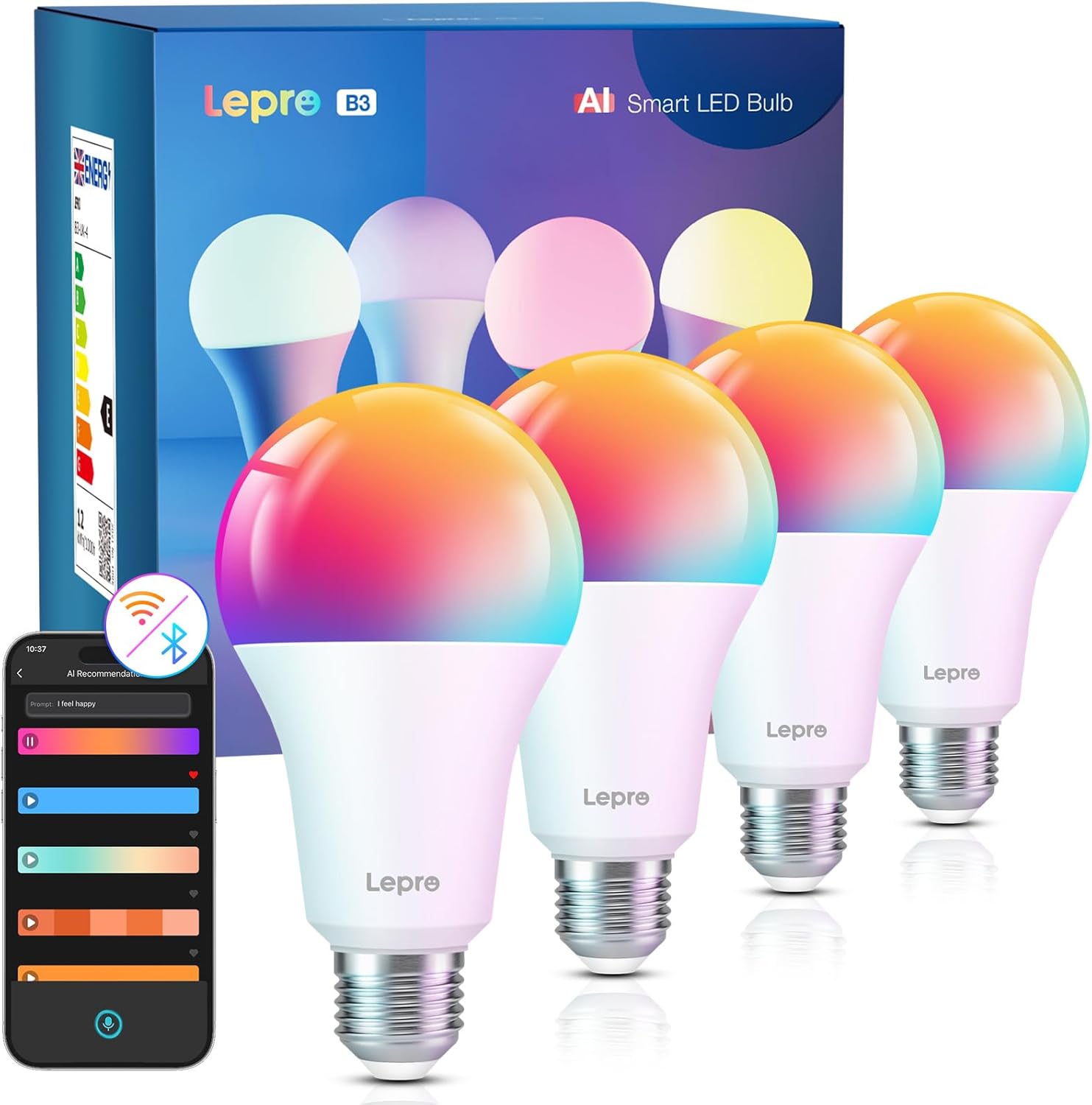 Lepro Al Smart Glühbirne B3, E27 WLAN/Bluetooth Smart Bulb 1521lm Dimmbar, Foto-zu-Licht, Personalisierter KI-Lichtdesigner, Sprachsteuerung/Musik Sync, Kompatibel mit Alexa/Google Assistant, 4 Stück