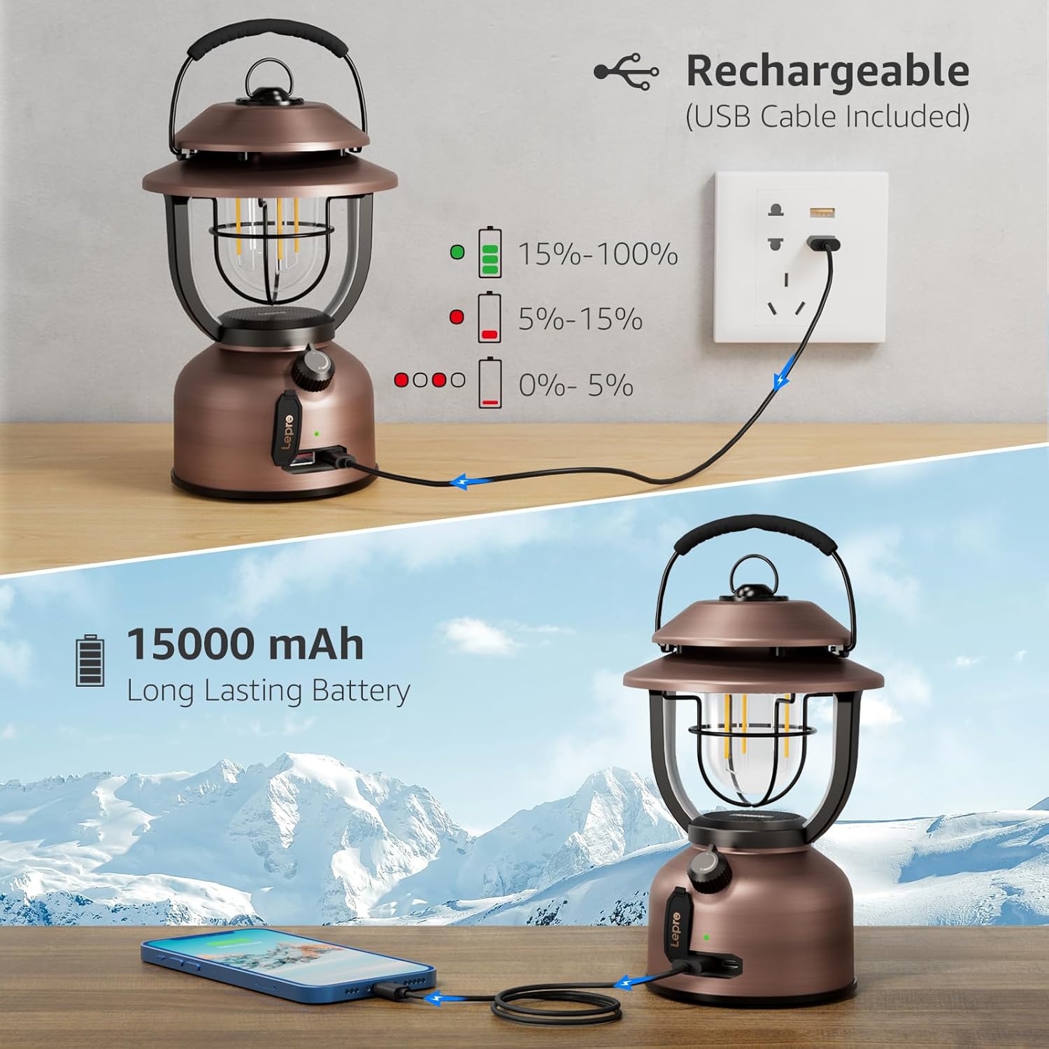 Campinglampe Aufladbar, Lepro Retro Camping lampe 1000 Lumen Dimmbar, 2500K Warmweiß und 5000K Kaltweiß, für Camping und Picknick, Innenbeleuchtung, Dekorative Beleuchtung, Notfälle usw.