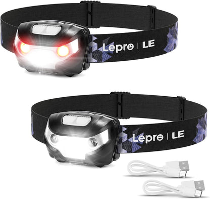 LE Stirnlampe Wiederaufladbar, 1300 Lux Superhell Kopflampe mit Rotlicht, 5 Lichtmodi, IPX4 wasserdichte Mini LED Stirnlampe Stirnleuchte, 2er USB Headlamps für Angeln Campen Joggen