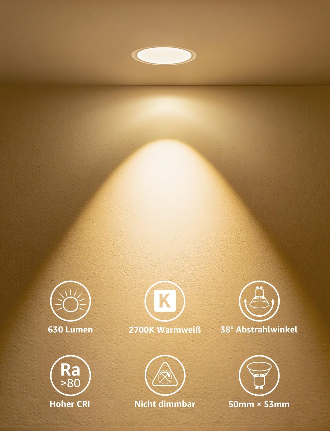 Lepro GU10 LED Warmweiss 6W Lampe, 2700K Warmweiß, 630 Lumen, 38° Abstrahlwinkel, Nicht dimmbar Reflektorlampe, Energiesparendes GU10 LED Leuchtmittel für Wohnzimmer, Küche, Schlafzimmer,8 Stück