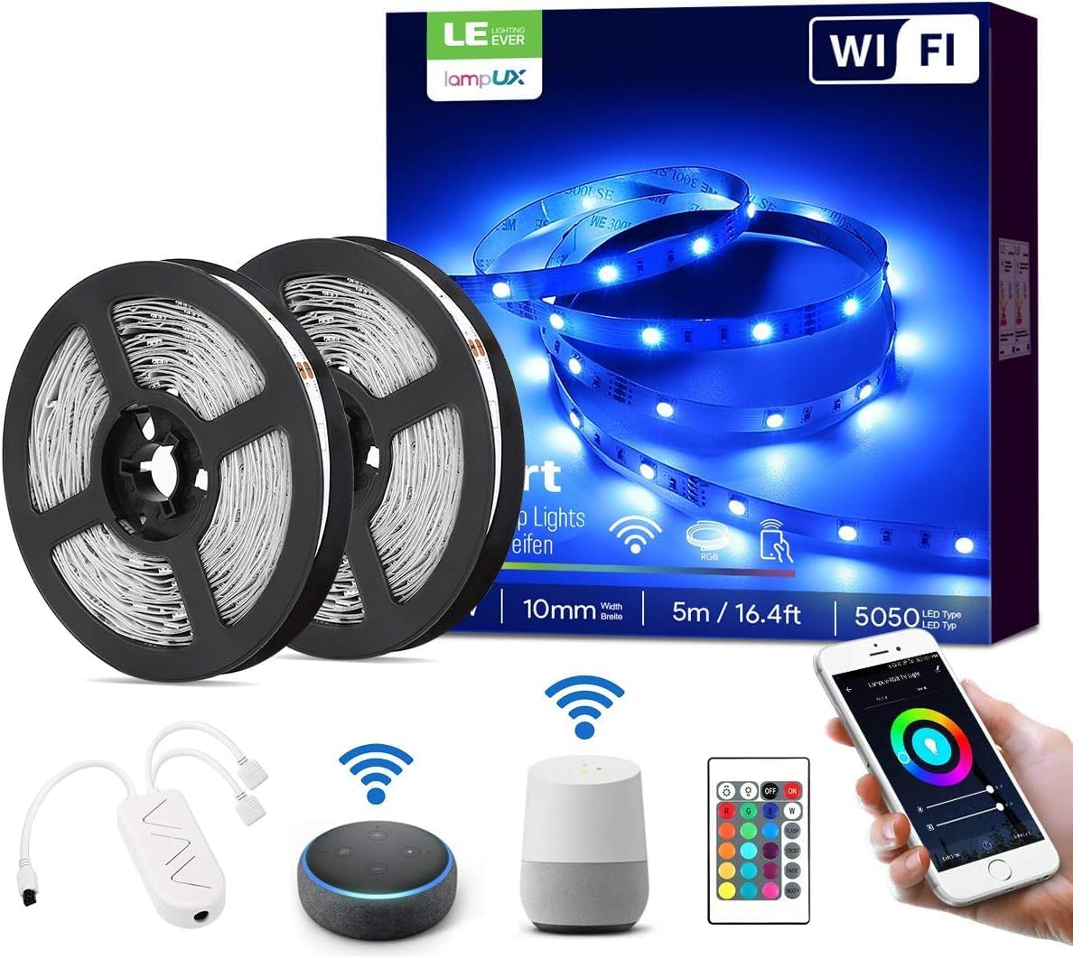 LE Smart LED Strip 10M, 2x5M, Kompatibel mit Alexa, App, Google Home, RGB 300 LEDs, LED Streifen Wifi, Wlan LED Band, Selbstklebend Lichtband, nur 2.4GHz Lichterkette mit Fernbedienung, IP20