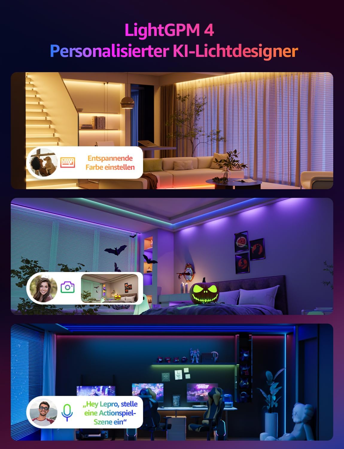 Lepro AI LED Streifen SE1, 15M Smart LED Strip RGB mit App-Sprachbefehle, Musik Sync, Personalisierter KI-Lichtdesigner, kompatibel mit Alexa&Google Assistant, für Party/Zuhause, Keine Fernbedienung