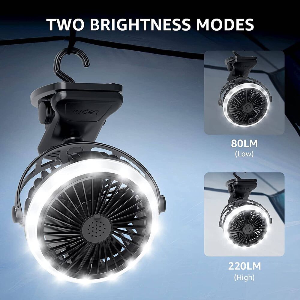 Lepro Camping Ventilator mit Licht, Campinglaterne mit Ventilator, Tragbar USB Ventilator, Zeltventilator mit Aufhängehaken, Wiederaufladbar USB-Ladeeingangslüfter für Outdoor, Camping, Büro, Grill