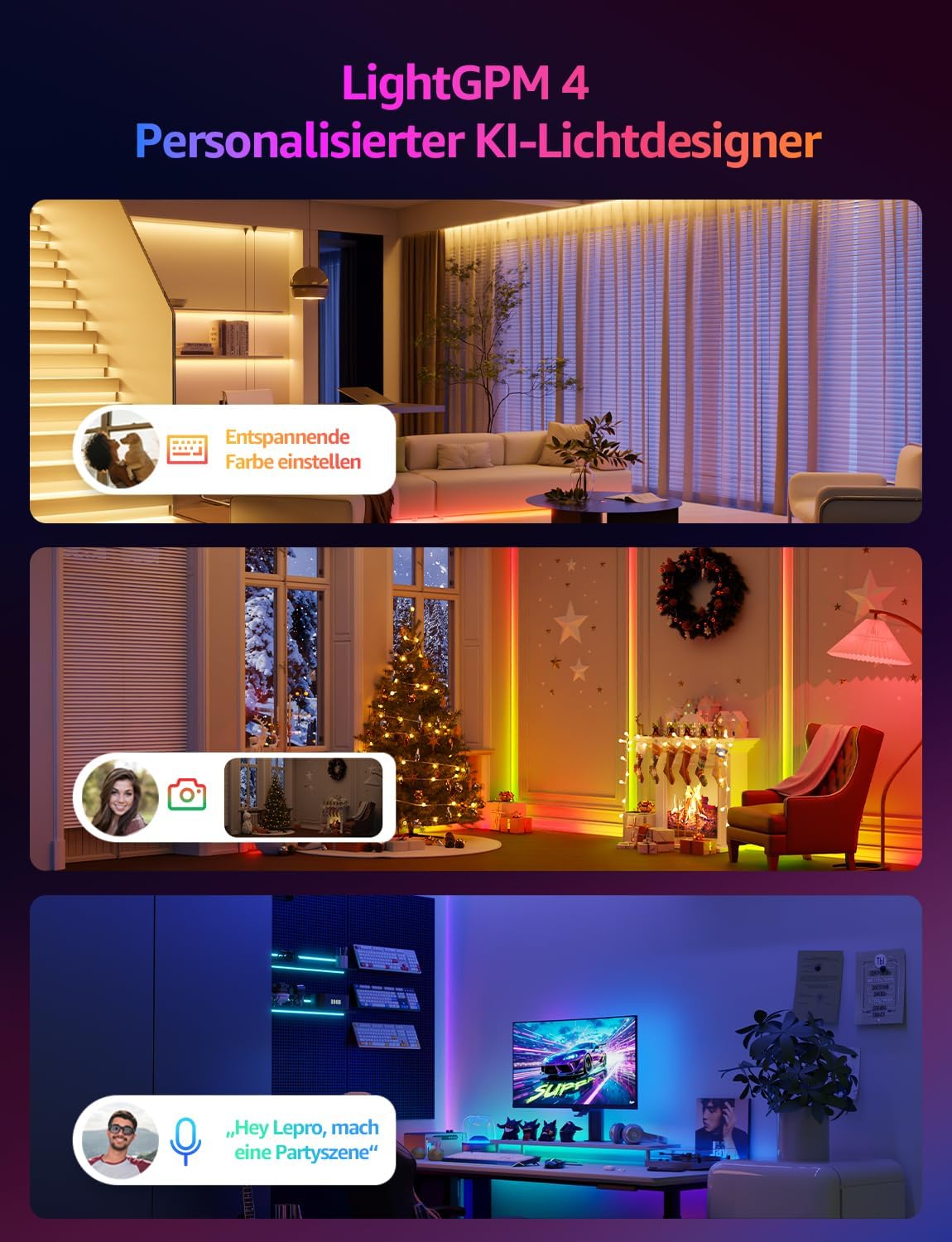 Lepro AI LED Streifen S1, MagicColor RGBIC 30M Smart LED Strip mit Personalisierter KI-Lichtdesigner, Musik-Sync, App-Steuerung kompatibel mit Alexa&Google Assistant, LED Lichterkette für Party&Gaming