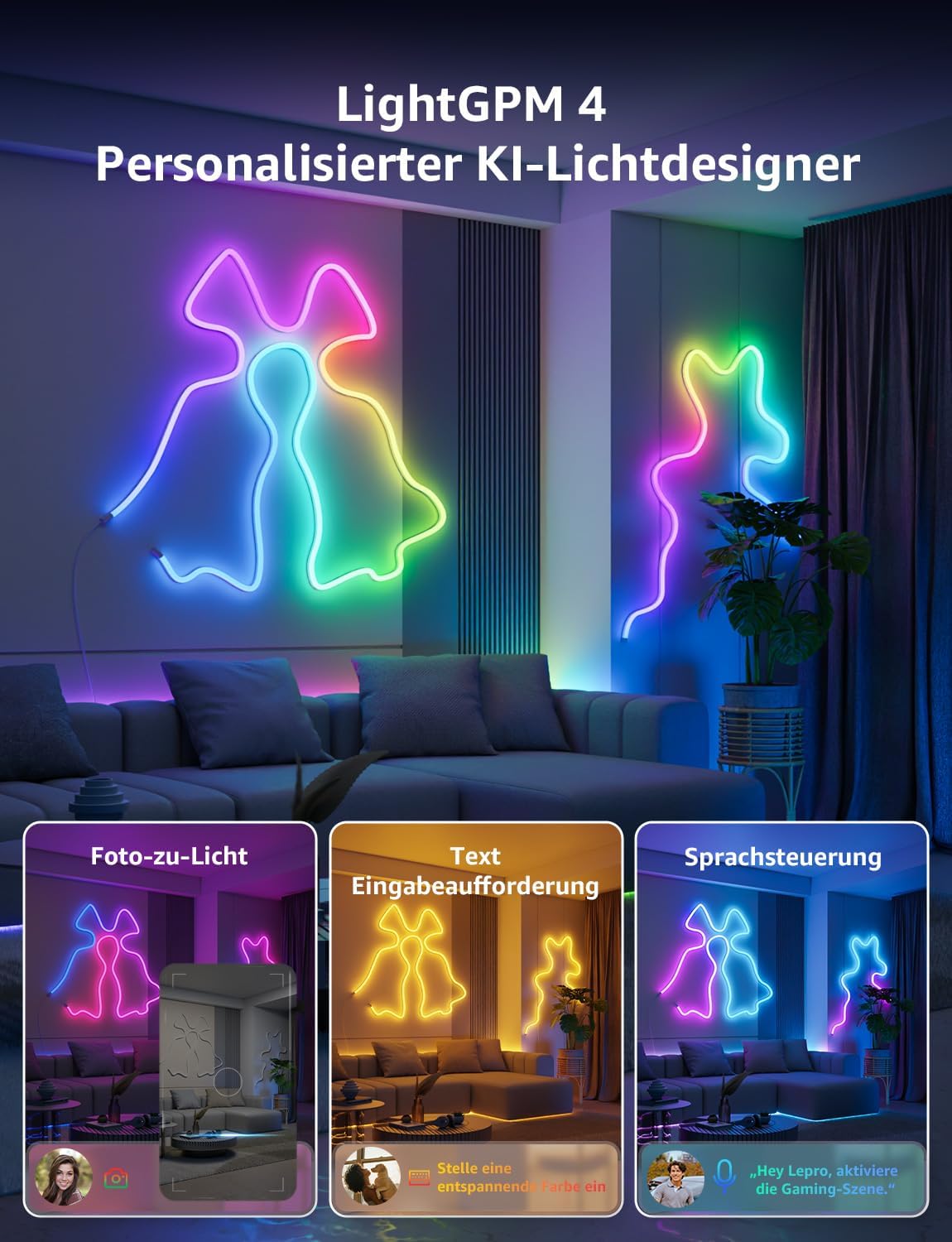 Lepro Neon AI LED Strip 6m, RGB LED Streifen mit App-, Musik- und Sprachsteuerung, kompatibel mit Alexa & Google Assistant, für Wohnzimmer, Gaming, Party, Wanddeko, Personalisierter KI-Lichtdesigner
