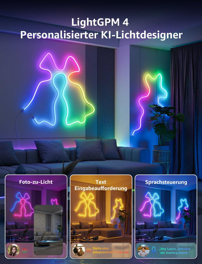 Lepro Neon AI LED Strip 6m, RGB LED Streifen mit App-, Musik- und Sprachsteuerung, kompatibel mit Alexa & Google Assistant, für Wohnzimmer, Gaming, Party, Wanddeko, Personalisierter KI-Lichtdesigner