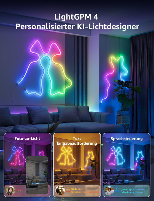 Lepro Neon AI LED Strip 6m, RGB LED Streifen mit App-, Musik- und Sprachsteuerung, kompatibel mit Alexa & Google Assistant, für Wohnzimmer, Gaming, Party, Wanddeko, Personalisierter KI-Lichtdesigner