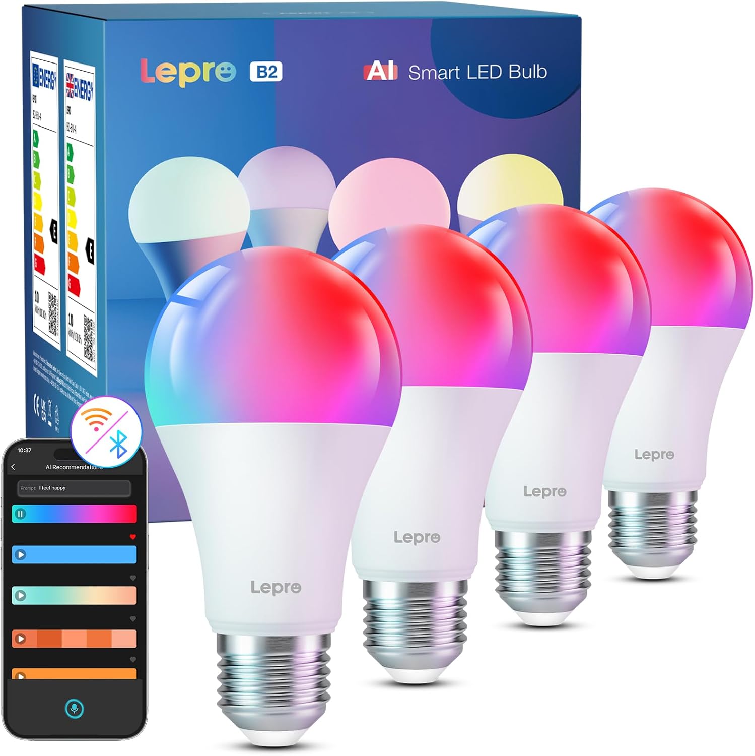 Lepro AI Smart Glühbirne B2, E27 lampe 10W 1100lm Dimmbar, Personalisierter KI-Lichtdesigner, Sprachsteuerung/Musik Sync, WiFi & Bluetooth Smart Bulb, Kompatibel mit Alexa/Google Assistant, 4 Stück