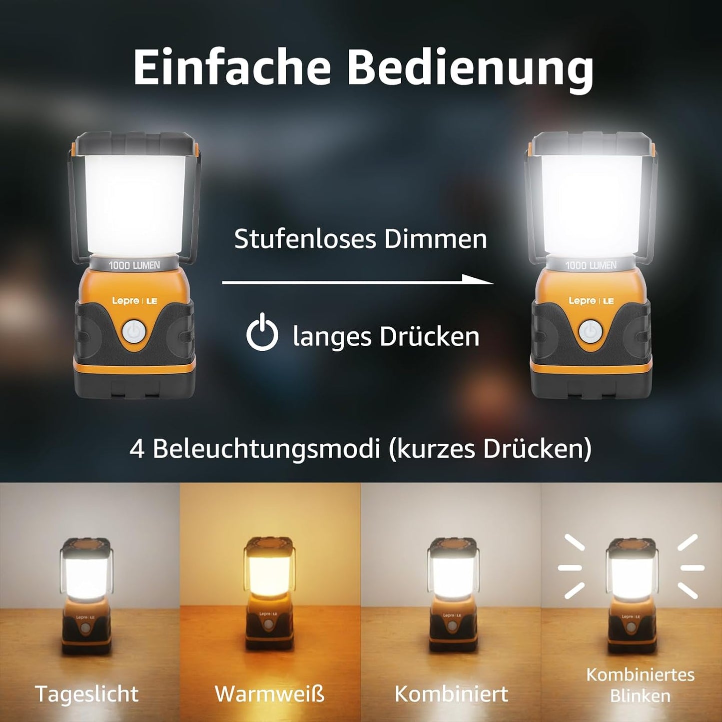 LE LED Campinglampe, Ultra Hell 1000 Lumen, 4 LeuchtmodiI Dimmbar Suchscheinwerfer, Batteriebetrieben Notfallleuchte f¨¹r Stromausf?llen, Wandern, Notfall, Ausf?lle und so weiter, 1 St¨¹ck, Orange