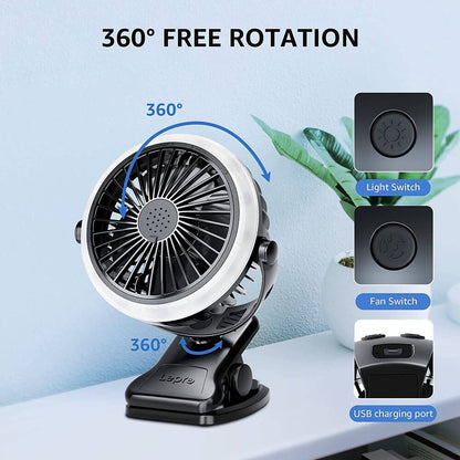 Lepro Camping Ventilator mit Licht, Campinglaterne mit Ventilator, Tragbar USB Ventilator, Zeltventilator mit Aufhängehaken, Wiederaufladbar USB-Ladeeingangslüfter für Outdoor, Camping, Büro, Grill