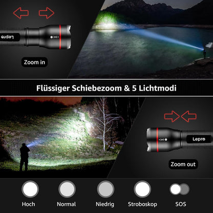 Lepro LED Taschenlampe, LE2050 Extrem Hell Mini Taschenlampen mit Clip, Zoombare Camping batteriebetrieben Flashlight mit 5 Modi, Wasserdicht Torch Light für Outdoor, Wandern, Geschenk, Notfall