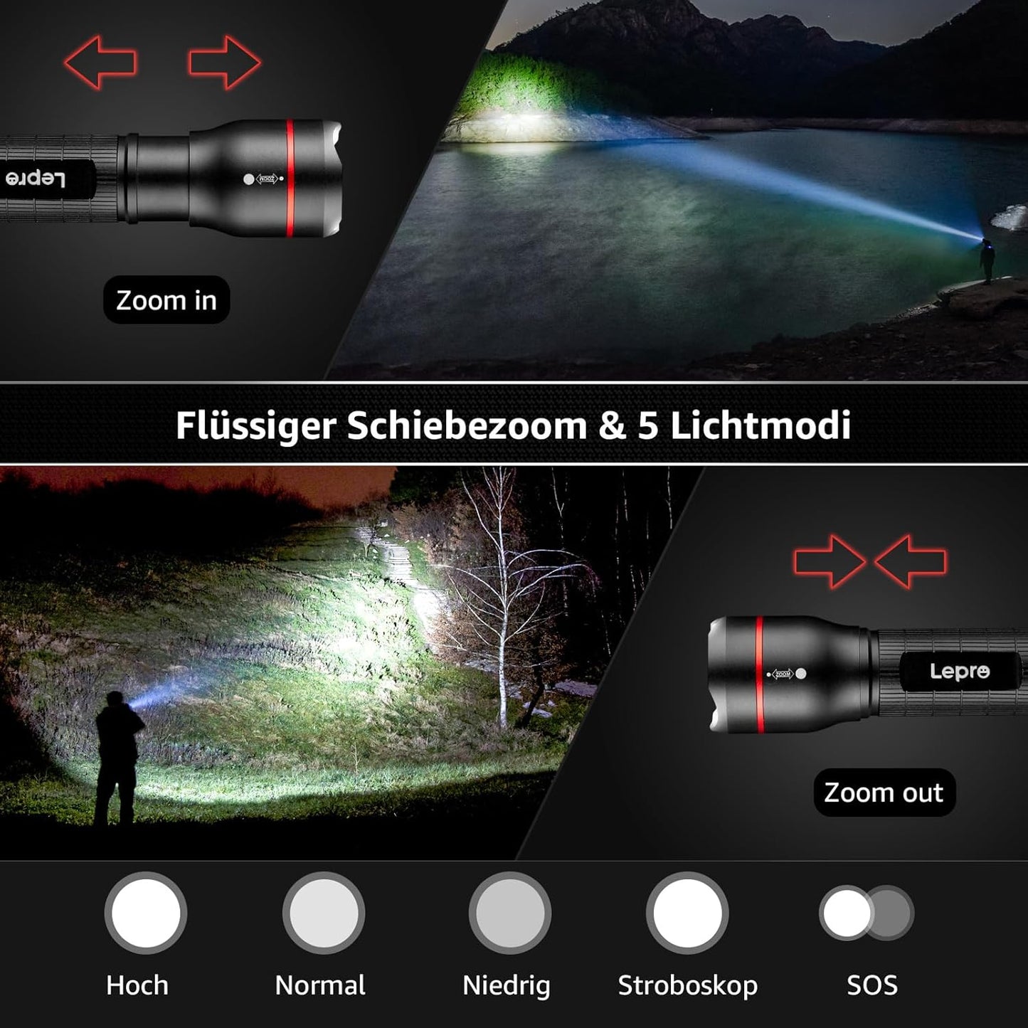 Lepro LED Taschenlampe, LE2050 Extrem Hell, mit Clip, Zoombare Handlampe mit 5 Modi, Wasserdichte Flashlight für Camping, Outdoor, Wandern, Angeln, Geschenk, 2 Stück