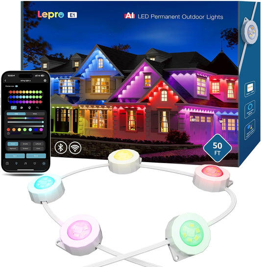 Lepro E1 Permanente Außenleuchte mit 36 LED-Leuchten, intelligenter RGB-Farbwechsel, Traufenlichter, wasserdichte Außenleuchten für Hausverkleidung, App-Steuerung, perfekt für Weihnachten, Urlaub