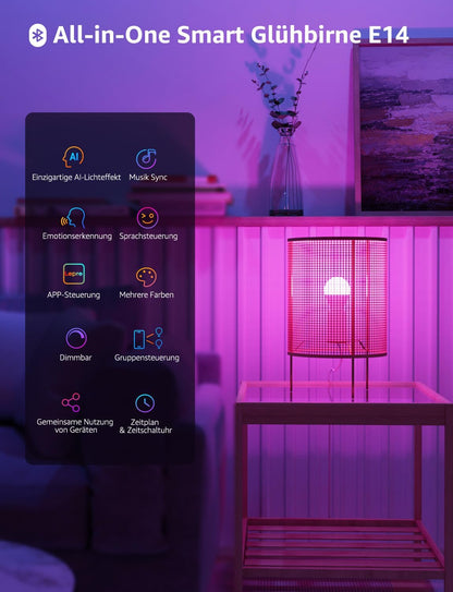 Lepro AI Smart Glühbirne BP1, G45 E14 LED Lampe Dimmbar 4.9W 470LM RGB+CCT, Personalisierter KI-Lichtdesigner mit Sprachsteuerung/Musik Sync, Kompatibel mit Alexa/Google, WiFi & Bluetooth, 2 Stück