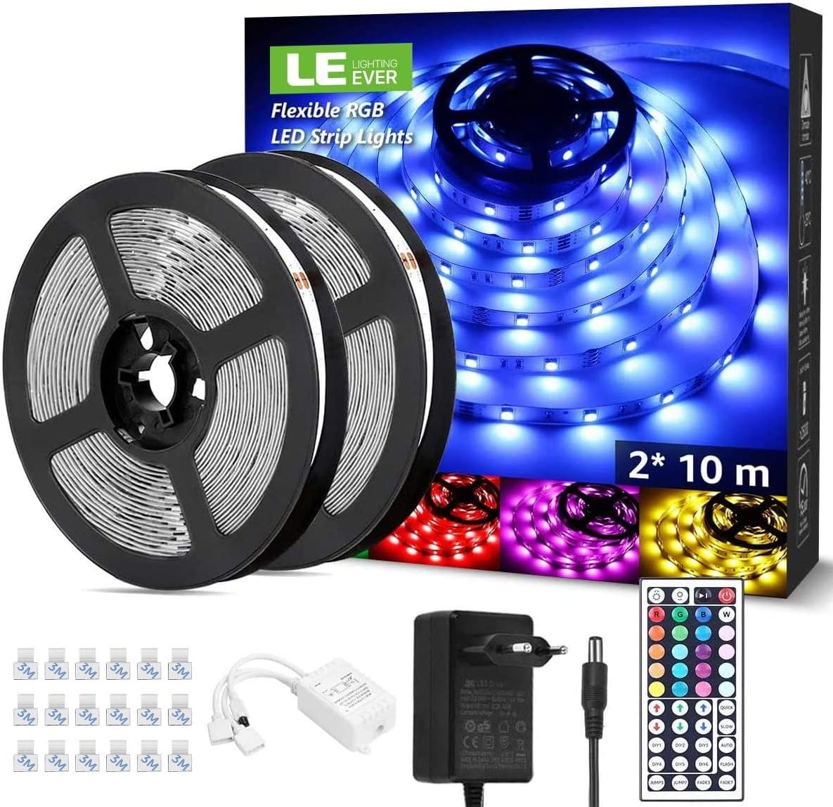 LE LED Strip 20M(2x10M), RGB LED Streifen Band, 5050 SMD 600 LEDs Stripes für Weihnachten, 12V Selbstklebend Lichtband mit Fernbedienung, Flexibel LED Leiste, Lichterkette für Haus, Party, Bar, TV