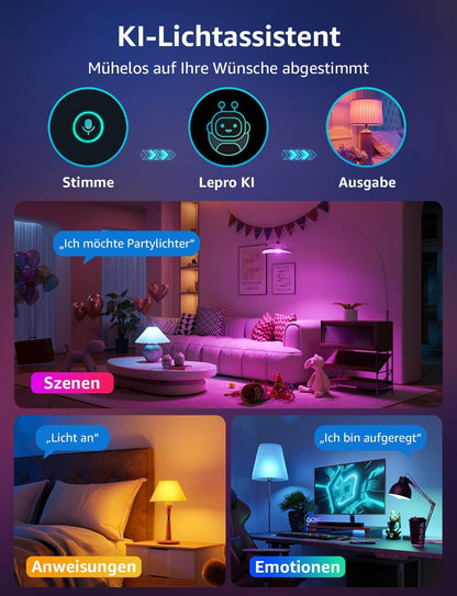 Lepro Al Smart Glühbirne B3, E27 WLAN/Bluetooth Smart Bulb 1521lm Dimmbar, Foto-zu-Licht, Personalisierter KI-Lichtdesigner, Sprachsteuerung/Musik Sync, Kompatibel mit Alexa/Google Assistant, 2 Stück
