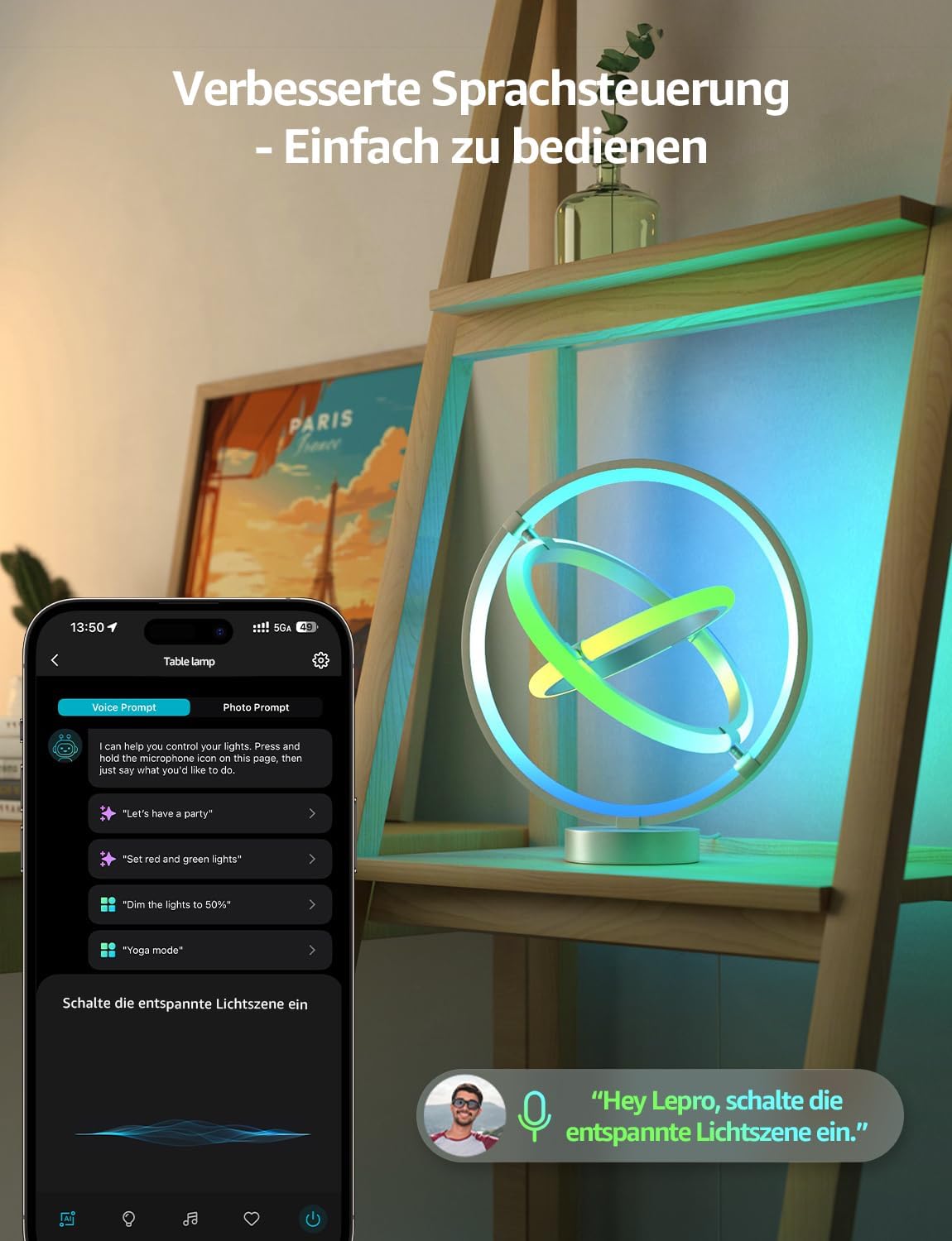 Lepro AI Smart Tischlampe TB1, Personalisierter KI-Lichtdesigner, Musik Sync/APP Sprachsteuerung Tischleuchte, Table Lampe Dimmbar, RGB+IC-Technologie, Kompatibel mit Alexa/Google, Keine Fernbedienung