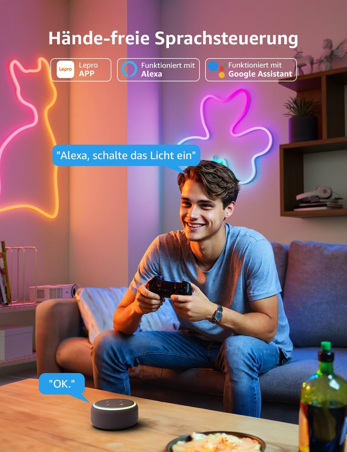 Lepro Neon AI LED Strip 10m, RGB LED Streifen mit App-, Musik- und Sprachsteuerung, kompatibel mit Alexa & Google Assistant, für Wohnzimmer, Gaming, Party,Wanddeko, Personalisierter KI-Lichtdesigner