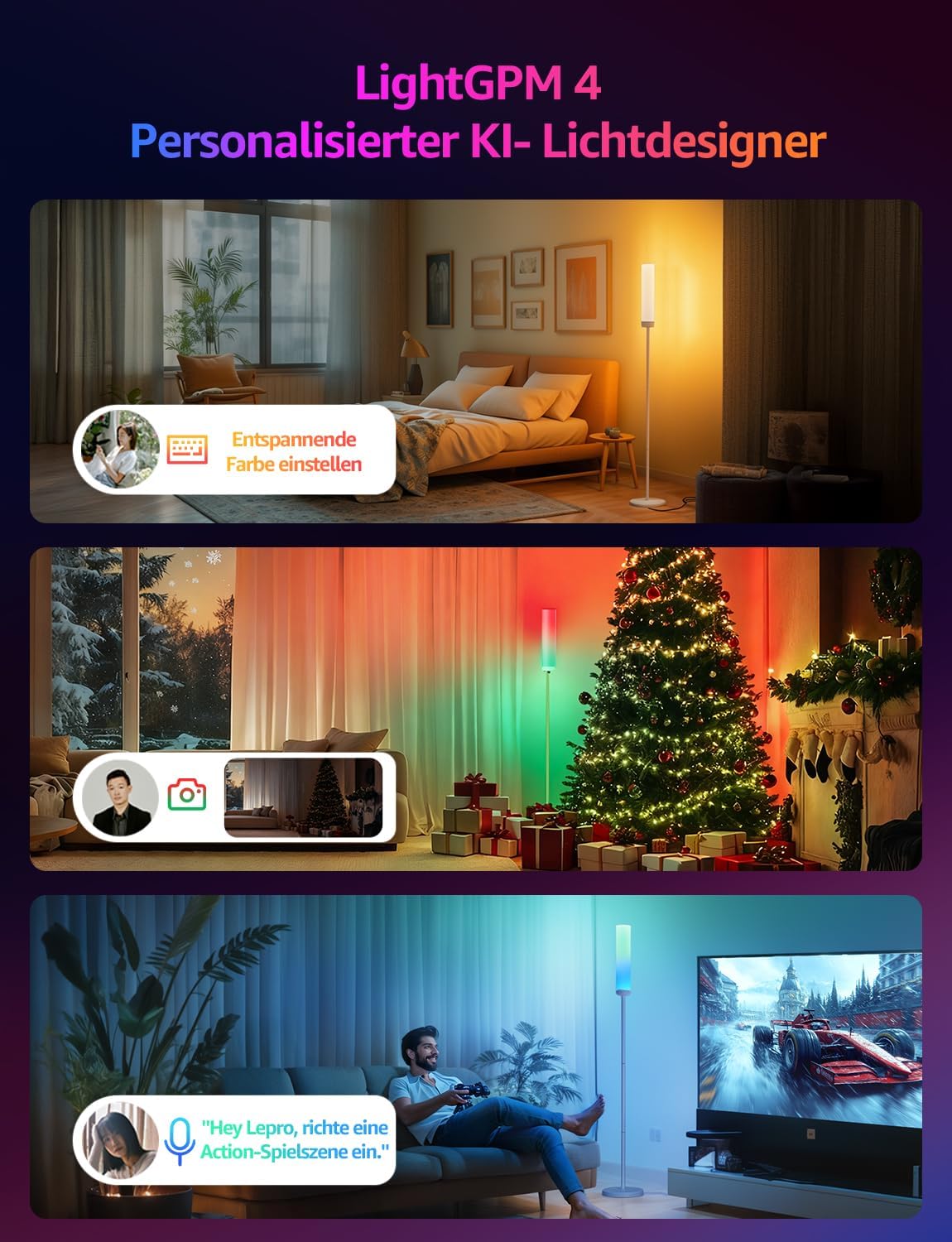 Lepro O1 AI Smart Stehlampe Wohnzimmer 2300LM, Stehlampe Dimmbar 22W RGBCCT, Sprachsteuerung/Musik Sync/DIY, Personalisierter KI-Lichtdesigner, Kompatibel mit Alexa/Google, WiFi & Bluetooth