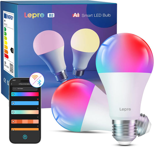 Lepro AI Smart Glühbirne B2, E27 lampe 10W 1100lm Dimmbar, Personalisierter KI-Lichtdesigner, Sprachsteuerung/Musik Sync, WiFi & Bluetooth Smart Bulb, Kompatibel mit Alexa/Google Assistant, 2 Stück